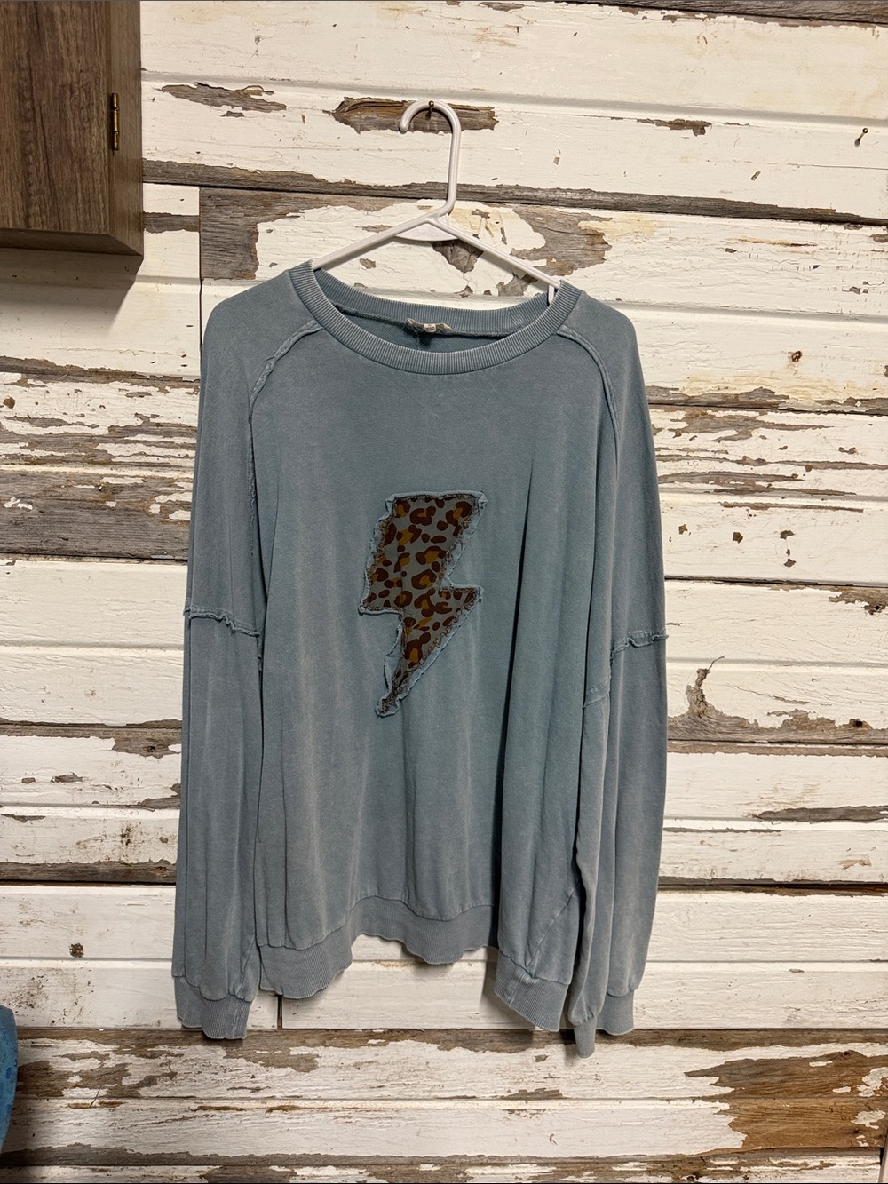 easel Washed Blue Crewneck Sweater with Leopard Lightning Patch